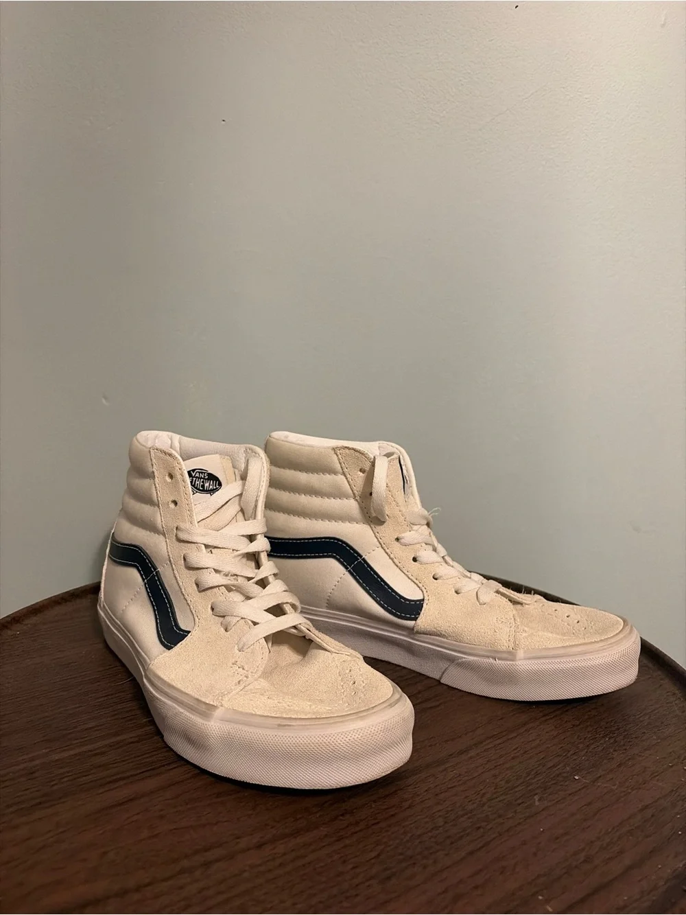 Vans Sk8-Hi High-Top Sneakers in Cream with Navy Side Stripe